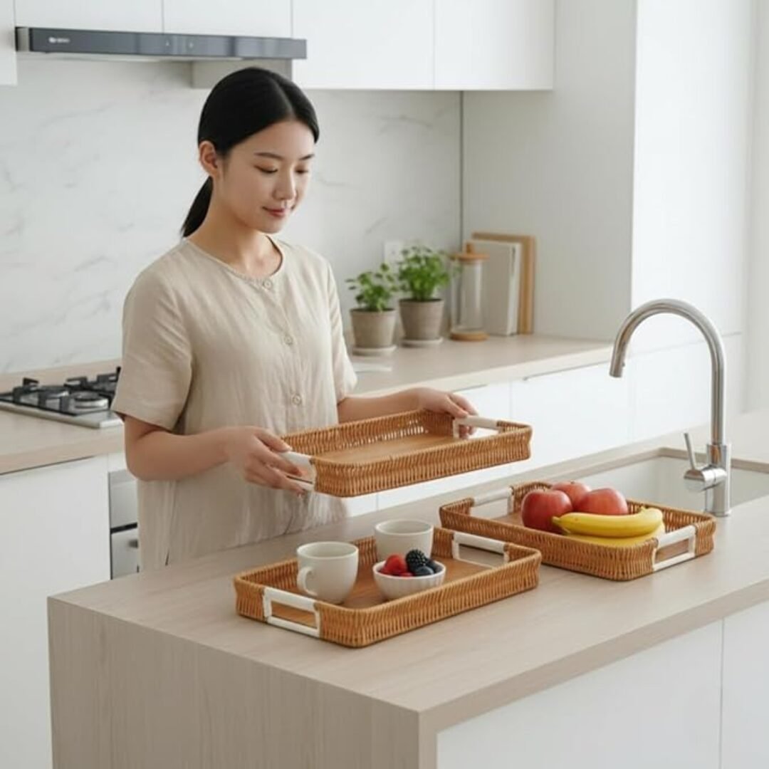 Ashnahome three multifunctional bamboo serving trays used by a woman