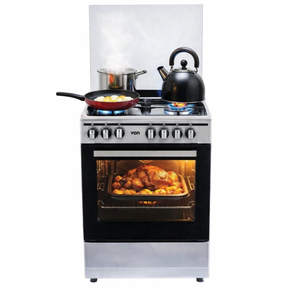 VON 3Gas+1Electric Burner Freestanding Cooker in use with kettle, pan and oven cooking