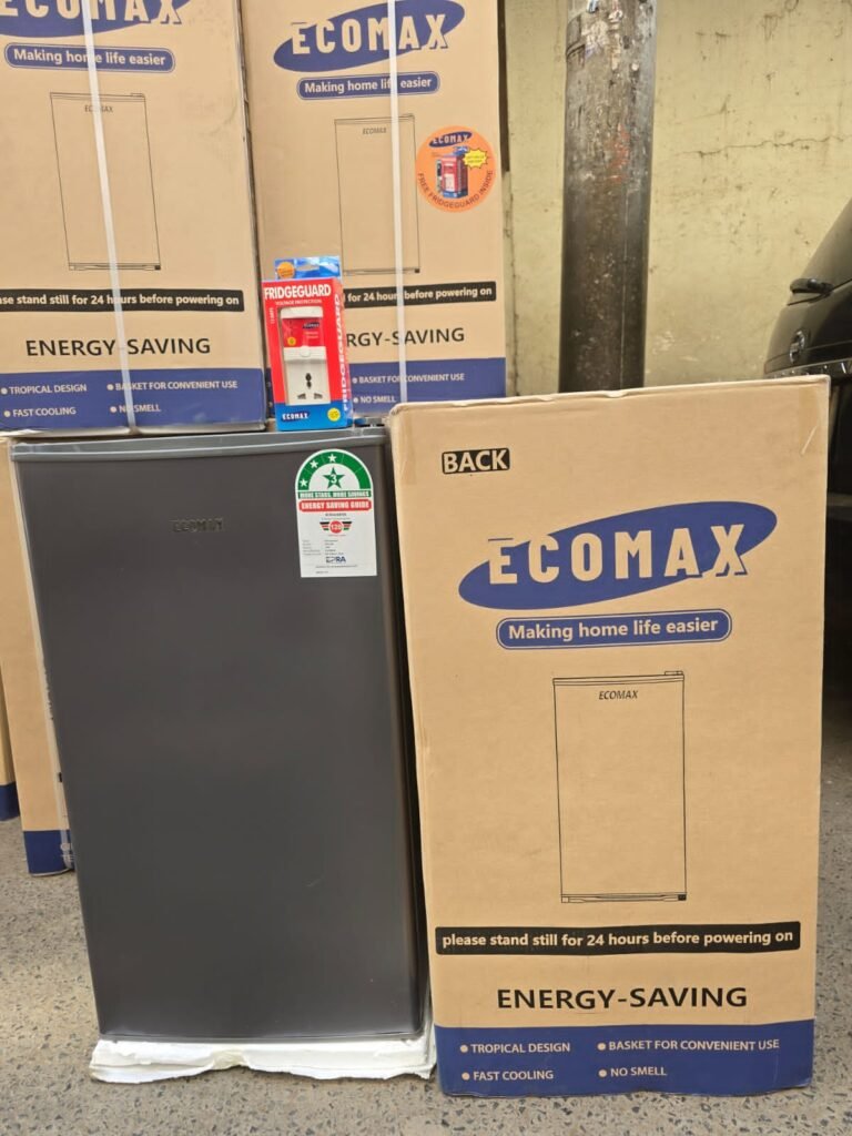 ecomax-ashna-home-90l-single door-fridge-next- to-packaging-box