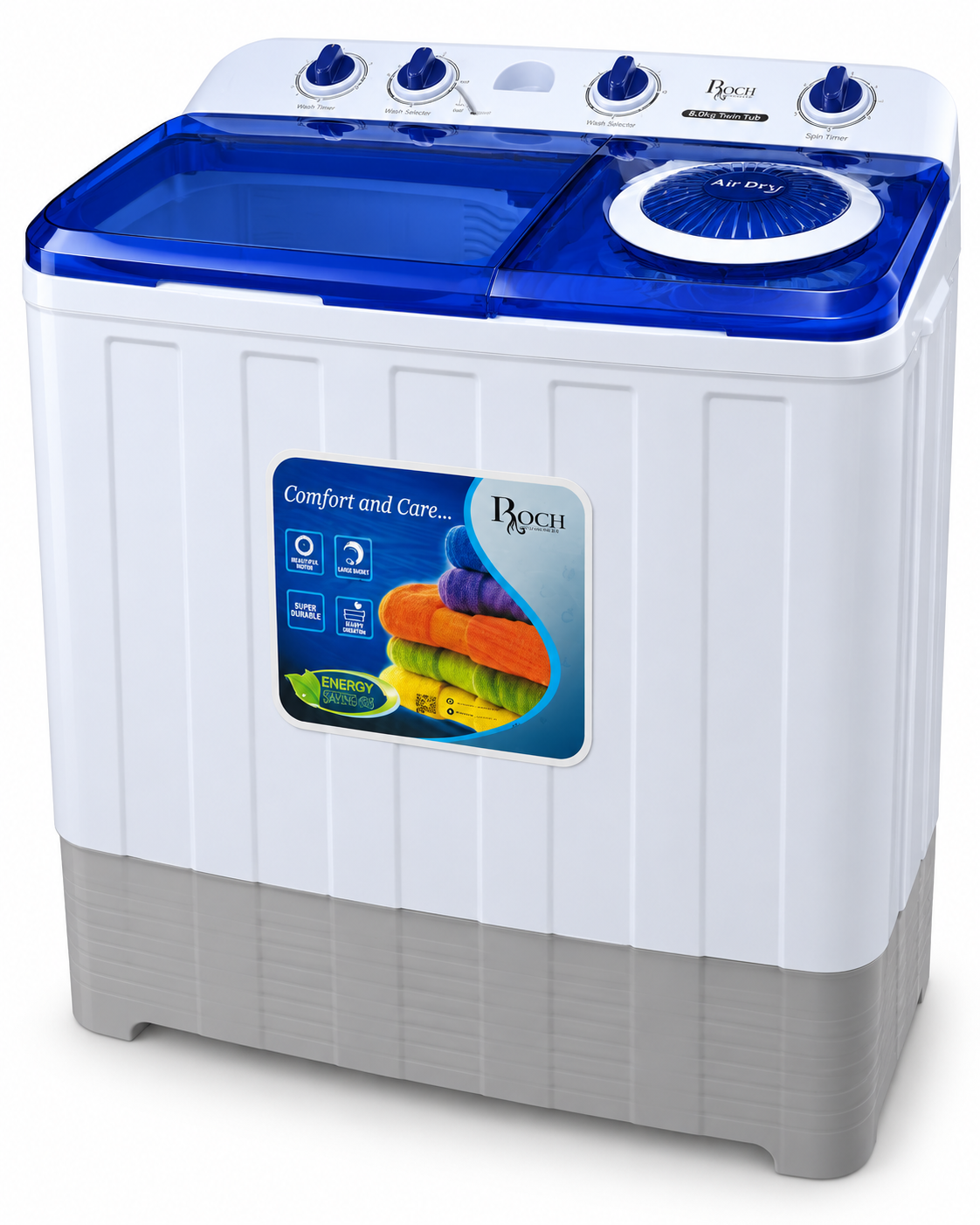 Roch 8KG Twin Tub Top Load Washing Machine – Semi-Automatic Wash & Spin